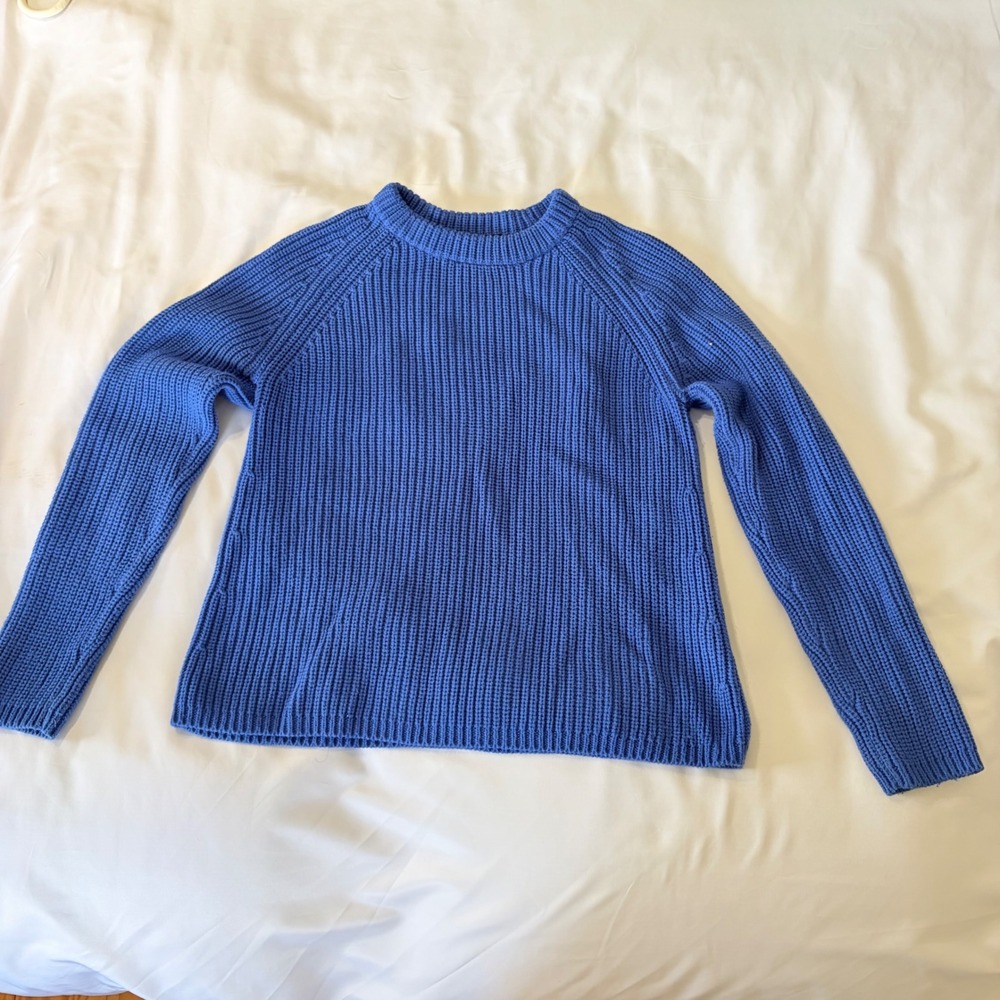 Quince Womens Blue Ribbed Fisherman Crewneck Raglan Sweater Small Cozy Chunky
